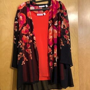 Susan Graver liquid knit tank with sheer jacket set/ coral-pink-black, size XL